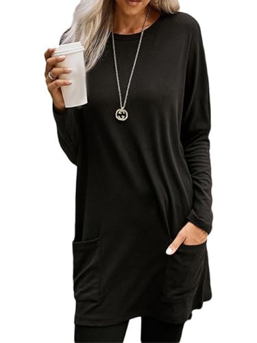 SHEKINI Damen Oberteile Langarm Große Größen Longbluse Elegante Lässig Langarmshirt Casual Rundhalsausschnitt Locker Longshirt mit Taschen Tunika von SHEKINI