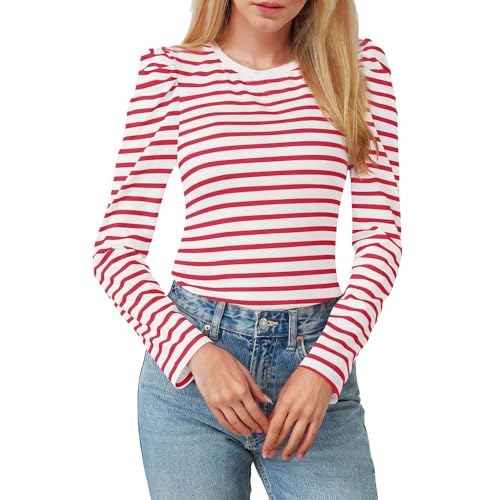 SHEKINI Damen Oberteile Langarm Rundhals Puffärmel Gestreiftes Shirt Tops Langarmshirts Slim Fit Lässig Casual Herbst Winter von SHEKINI