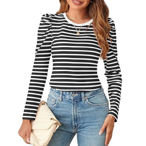 SHEKINI Damen Oberteile Langarm Rundhals Puffärmel Gestreiftes Shirt Tops Langarmshirts Slim Fit Lässig Casual Herbst Winter von SHEKINI
