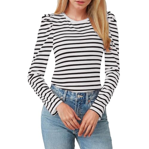 SHEKINI Damen Oberteile Langarm Rundhals Puffärmel Gestreiftes Shirt Tops Langarmshirts Slim Fit Lässig Casual Herbst Winter von SHEKINI
