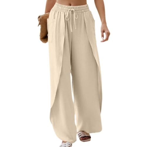 SHEKINI Damen Palazzo Hose Hohe Taille Strandhose Mit Taschen Gummibund Weite Hose Seitlicher Schlitz Fließendes Weites Bein SHEKINI Damen Palazzo Hose Hohe Taille Strandhose Mit Taschen Gummibund Weite Hose Seitlicher Schlitz Fließendes Weites Bein von SHEKINI