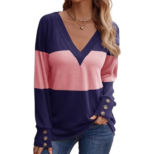 SHEKINI Damen Pullover Casual Shirt V-Ausschnitt Oberteil Leichtes Langarm Farbblock lockere Passform T-Shirt von SHEKINI
