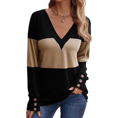 SHEKINI Damen Pullover Casual Shirt V-Ausschnitt Oberteil Leichtes Langarm Farbblock lockere Passform T-Shirt von SHEKINI