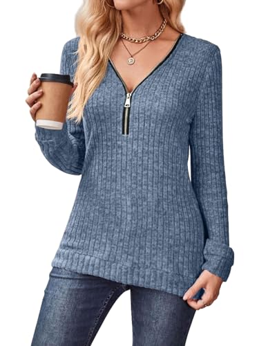SHEKINI Pullover Damen Herbst Winter Reißverschluss-Ausschnitt Langarmshirt Weich Rippstrick Lässige Elegant Strickpullover Oberteile Tunika Tops von SHEKINI