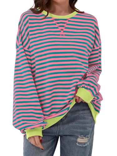 SHEKINI Damen Pullover Sweatshirt Oversized Rundhals Gestreiftes Langarmshirts Lockere Oberteile Lässig Casual Shirt Y2K Oberteile Herbst Winter von SHEKINI