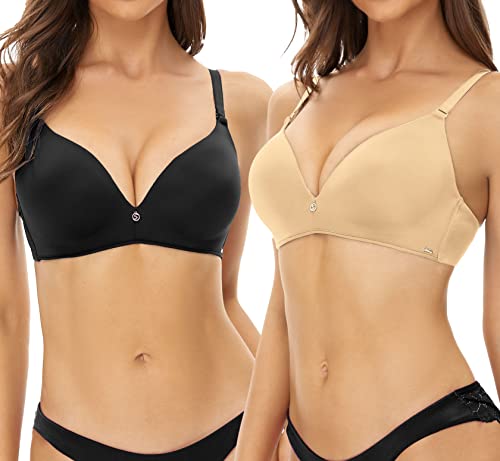SHEKINI BH Damen mit Bügel T-Shirt BH Push-up BH Rückenfrei Abnehmbare Träger Schalen Klassiche BHS Nahtloser Leicht Gepolstert Bra Tiefer Ausschnitt Perfekt Unterm T-Shirt 2er Pack von SHEKINI