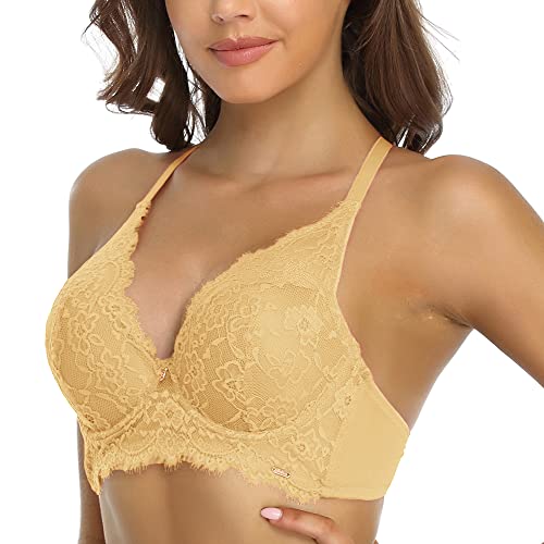 SHEKINI BH Damen mit Bügel Push Up Rückenfrei Blumen Spitze Bügel-BH Tiefer Ausschnitt Unterwäsch Bustier Dessous Überkreuzte Schultergurte von SHEKINI