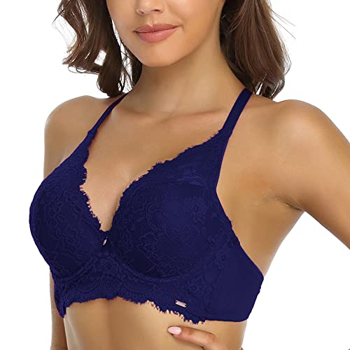 SHEKINI BH Damen mit Bügel Push Up BH Rückenfrei Blumen Spitze Bügel-BH Tiefer Ausschnitt Unterwäsch Bustier Dessous Top Unterwäsche, Blau, 34/75C von SHEKINI