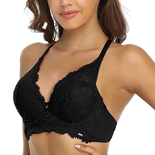 SHEKINI BH Damen mit Bügel Push Up BH Rückenfrei Blumen Spitze Bügel-BH Tiefer Ausschnitt Unterwäsch Bustier Dessous Top Unterwäsche, Schwarz, 34/75B von SHEKINI