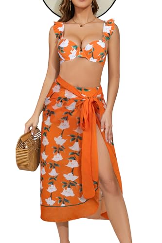 SHEKINI Damen Push Up Bikini Set Blumen Print 3-Teiliger Bademode High Waist Badeanzug Hose mit Cover Ups Strandkleid Bikini (M, Orange & Blumendruck) von SHEKINI