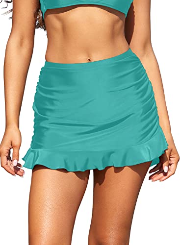 SHEKINI Damen Hohe Taille Rüsche Bikinirock Schwarz Elegant Kurze Rock Baderock mit Hose Strandrock Grosse Grössen Beiläufig Sportiv Schwimmrock (Cyanin,M) von SHEKINI
