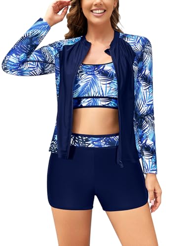 SHEKINI Damen Rash Guard 3-teiliger Langarm mit Reißverschluss Badeanzüge Boyshorts Bikinioberteil Schwimmshirt Schnell Trocknend UV Schutz Langarmshirt von SHEKINI