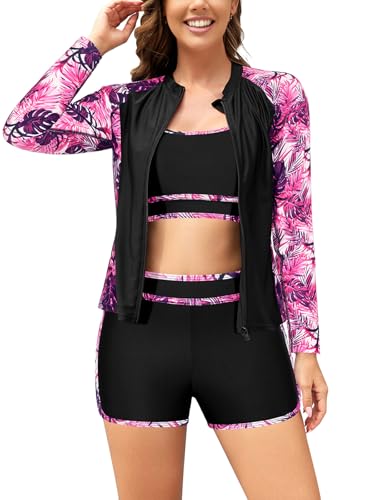 SHEKINI Damen Rash Guard 3-teiliger Langarm mit Reißverschluss Badeanzüge Boyshorts Bikinioberteil Schwimmshirt Schnell Trocknend UV Schutz Langarmshirt von SHEKINI