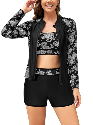 SHEKINI Damen Rash Guard 3-teiliger Langarm mit Reißverschluss Badeanzüge Boyshorts Bikinioberteil Schwimmshirt Schnell Trocknend UV Schutz Langarmshirt von SHEKINI