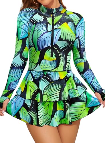 SHEKINI Damen Rash Guard Langarm Badekleid mit Boyshort Reißverschluss Einteiliger Badeanzug Daumenlöcher Surf Shirt Badeshirt Surfanzug Schwimmshirt(Aa-Schmetterling,Small) von SHEKINI