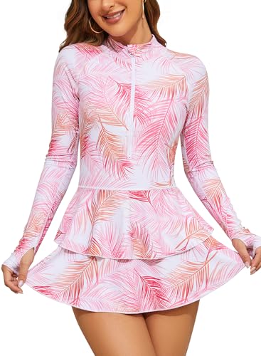 SHEKINI Damen Rash Guard Langarm Badekleid mit Boyshort Reißverschluss Einteiliger Badeanzug Daumenlöcher Surf Shirt Badeshirt Surfanzug Schwimmshirt(Aa-rosa,Large) von SHEKINI