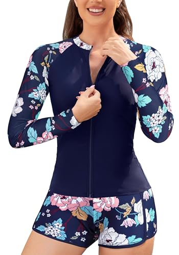 SHEKINI Damen Rash Guard Sets Reißverschluss Langarm Badeanzug Top Swim Shirt Board Shorts Badeanzüge Bademode von SHEKINI