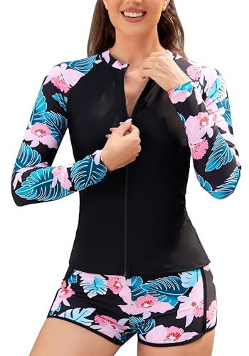SHEKINI Damen Rash Guard Sets Reißverschluss Langarm Badeanzug Top Swim Shirt Board Shorts Badeanzüge Bademode von SHEKINI