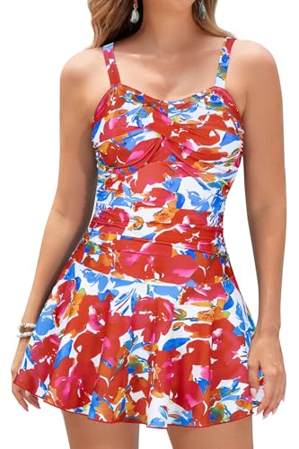 SHEKINI Damen Retro Einteiliger Badeanzug Badeanzugkleid Elegant Badekleid Ruched Bauchweg Verstellbar Schwimmrock Grosse Grösse Schwimmkleid（L，Rote Blume & Blaue Blätter） von SHEKINI