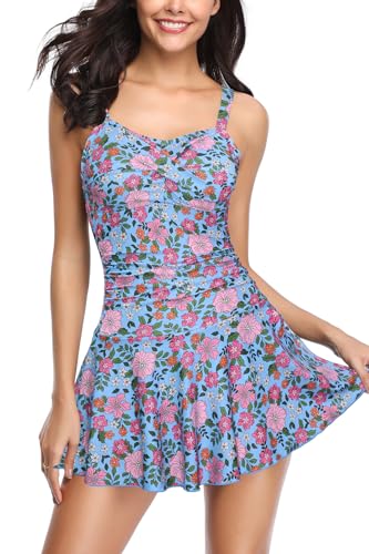 SHEKINI Damen Retro Einteiliger Badeanzug Badeanzugkleid Elegant Badekleid Ruched Bauchweg Verstellbar Schwimmrock Grosse Grösse Schwimmkleid（M，Hellblau-Sakura） von SHEKINI