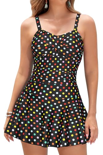 SHEKINI Damen Retro Einteiliger Badeanzug Badeanzugkleid Elegant Badekleid Ruched Bauchweg Verstellbar Schwimmrock Grosse Grösse Schwimmkleid（M，Schwarz-Bunte Punkte） von SHEKINI