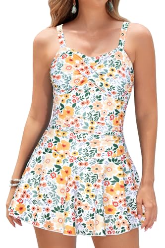 SHEKINI Damen Retro Einteiliger Badeanzug Badeanzugkleid Elegant Badekleid Ruched Bauchweg Verstellbar Schwimmrock Grosse Grösse Schwimmkleid（XL，Orange-Violett） von SHEKINI