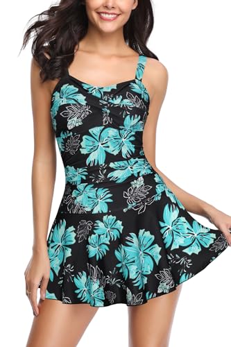 SHEKINI Damen Retro Einteiliger Badeanzug Badeanzugkleid Elegant Badekleid Ruched Bauchweg Verstellbar Schwimmrock Grosse Grösse Schwimmkleid（XL，Schwarz-Blaue Blume） von SHEKINI
