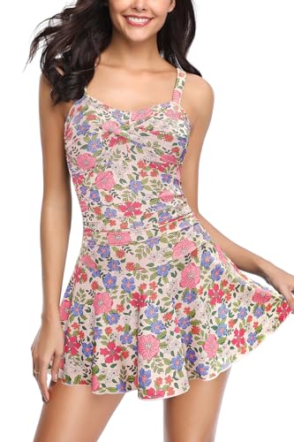 SHEKINI Damen Retro Einteiliger Badeanzug Badeanzugkleid Elegant Badekleid Ruched Bauchweg Verstellbar Schwimmrock Grosse Grösse Schwimmkleid（XXL，Hellgelb-Sakura） von SHEKINI