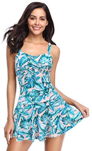 SHEKINI Damen Retro Einteiliger Badeanzug Badeanzugkleid Elegant Badekleid Ruched Bauchweg Verstellbar Schwimmrock Grosse Grösse Schwimmkleid (Medium, Blätter) von SHEKINI