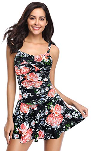 SHEKINI Damen Retro Einteiliger Badeanzug Badeanzugkleid Elegant Badekleid Ruched Bauchweg Verstellbar Schwimmrock Grosse Grösse Schwimmkleid (X-Large, Blumen-Schwarz) von SHEKINI