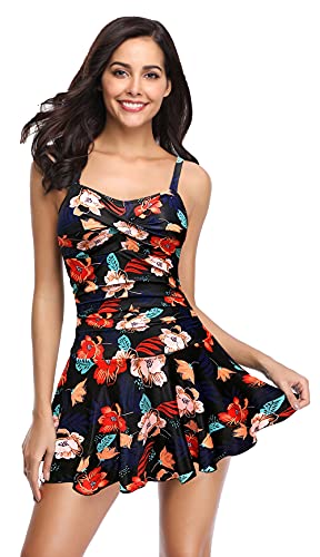 SHEKINI Damen Retro Einteiliger Badeanzug Badeanzugkleid Elegant Badekleid Ruched Bauchweg Verstellbar Schwimmrock Grosse Grösse Schwimmkleid (XL, Schwarze Blume) von SHEKINI