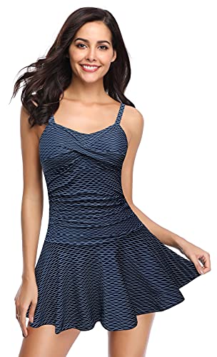 SHEKINI Damen Retro Einteiliger Badeanzug Badeanzugkleid Elegant Badekleid Ruched Bauchweg Verstellbar Schwimmrock Grosse Grösse Schwimmkleid (XXL, Welligkeit) von SHEKINI