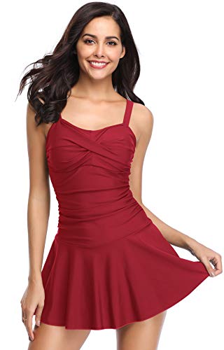 SHEKINI Damen Retro Einteiliger Badeanzug Badeanzugkleid Elegant Badekleid Ruched Bauchweg Verstellbar Schwimmrock Grosse Grösse Schwimmkleid (Large, Weinrot) von SHEKINI