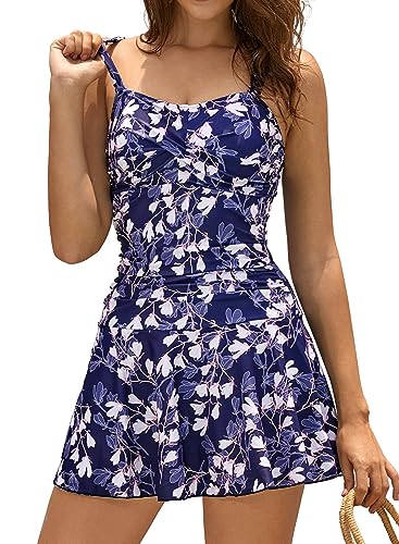 SHEKINI Damen Retro Einteiliger Badeanzug Badeanzugkleid Elegant Badekleid Ruched Bauchweg Verstellbar Schwimmrock Grosse Grösse Schwimmkleid (Small, Blumen-Dunkelblau) von SHEKINI