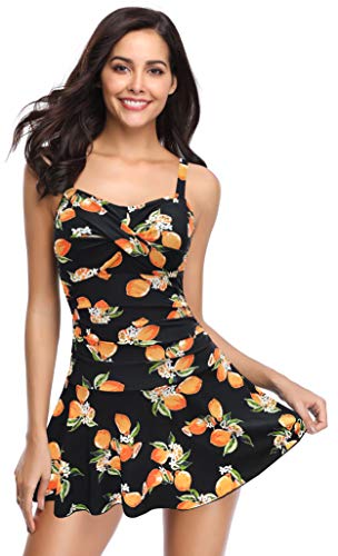 SHEKINI Damen Retro Einteiliger Badeanzug Badeanzugkleid Elegant Badekleid Ruched Bauchweg Verstellbar Schwimmrock Grosse Grösse Schwimmkleid (XX-Large, Zitrone) von SHEKINI