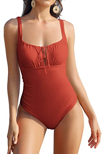 SHEKINI Damen Einteilige Badeanzug Verstellbar Breite Träger Bauchweg Bademode Rückenfrei Slim One Piece Swimsuit für Frauen(M,D-rostrot) von SHEKINI