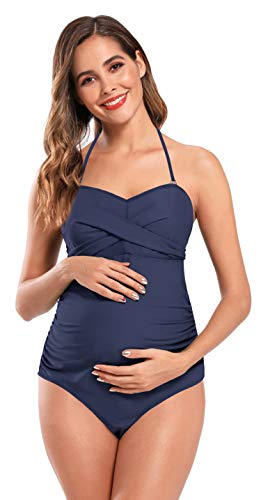 SHEKINI Maternity Einteiliger Badeanzug Damen Rüschen Bandeau Ruched Verstellbarer Bikini Grosse Grössen Umstandsbadeanzug Einteiliger Bikini Schwangerschaft(XXXL,Dunkelblau-B) von SHEKINI