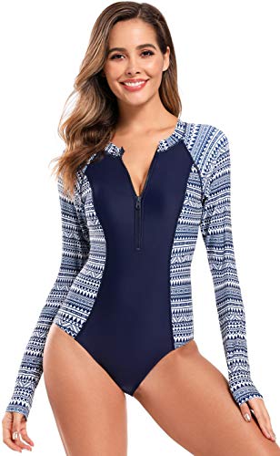 SHEKINI Damen Langarm Einteiliger Badeanzug High Neck Verstellbar Reißverschluss Bademode Sport Rash Guard Gedruckt Surfanzug(S, Dunkelblau) von SHEKINI