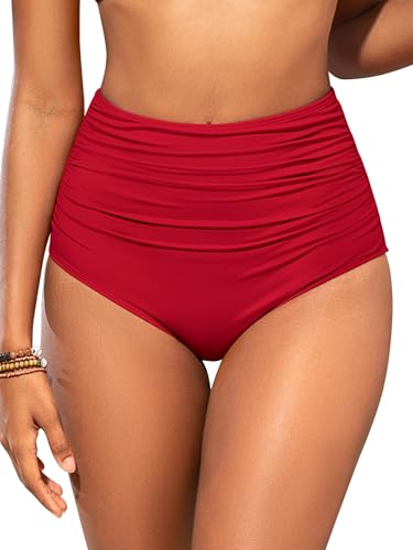 SHEKINI Damen Retro Rüschen High Waisted Bikini Bottom Bauchkontrolle Shapewear Bademode Bottom Tankinis Brief (Rot, XL) von SHEKINI