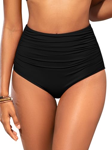 SHEKINI Damen Retro Rüschen High Waisted Bikini Bottom Bauchkontrolle Shapewear Bademode Bottom Tankinis Brief (Schwarz, M) von SHEKINI