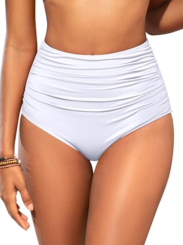 SHEKINI Damen Retro Rüschen High Waisted Bikini Bottom Bauchkontrolle Shapewear Bademode Bottom Tankinis Brief (Weiß, XL) von SHEKINI