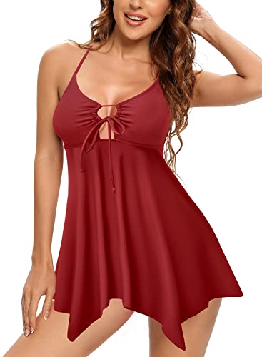 SHEKINI Damen Ring vorne Cutout Tankini Top Rock Badeanzug Bauchweg Badekleid, weinrot, XL von SHEKINI