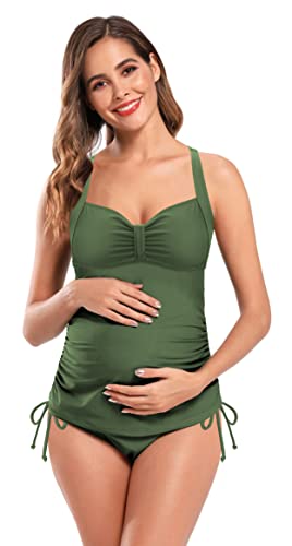 SHEKINI Damen Rückenfrei Umstandsmode Elegant Verstellbarer Tankini Zweiteiliger Badeanzug Bauchweg Ruched Abdomen Control Grosse Grössen Schwangerschaft Bikini(M,Olivgrün) von SHEKINI
