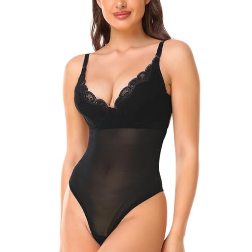 SHEKINI Damen Rückenfreier Body Shaper BH Push Up Tiefen Rückenausschnitt Shapewear Formende Bodys Spitzen Bodysuit Tanga Tiefer V-Ausschnitt Figurformender Unterwäsche Party Hochzeit von SHEKINI