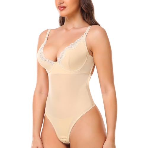 SHEKINI Damen Rückenfreier Body Shaper BH Push Up Tiefen Rückenausschnitt Shapewear Formende Bodys Spitzen Bodysuit Tanga Tiefer V-Ausschnitt Figurformender Unterwäsche Party Hochzeit von SHEKINI