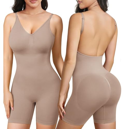 SHEKINI Body Damen Elegant Rückenfreier Body mit Bein Shapewear Bodysuit Bauchweg Formender V-Ausschnitt Tank Oberteil Top Butt Lifter Sommer Jumpsuit Body Shaper von SHEKINI