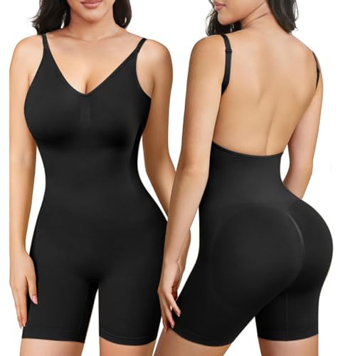 SHEKINI Damen Rückenfreier Shapewear Bodysuit Bauchweg Rückenfrei Formend V-Ausschnitt Tank Top Butt Lifter Jumpsuit Figurformender von SHEKINI