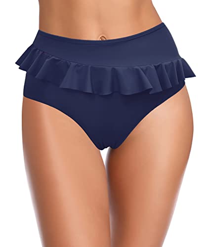 SHEKINI Damen Rüschen Bikinihosen Slips Mit Mittlerer Taille Unterwäsche Badebekleidung Einfarbige Unterhosen Aus Elastischer Unterhose (B-Dunkelblau, S) von SHEKINI