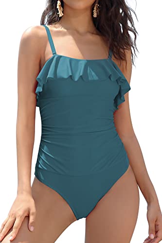 SHEKINI Damen Einteiliger Badeanzug Rüschen Bandeau Bauchweg Bademode Verstellbar Rückenfrei Slim Strandmode(L,Dunkelgrün) von SHEKINI