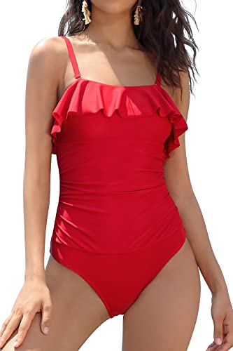 SHEKINI Damen Einteiliger Badeanzug Rüschen Bandeau Bauchweg Bademode Verstellbar Rückenfrei Slim Strandmode(M,Rot) von SHEKINI